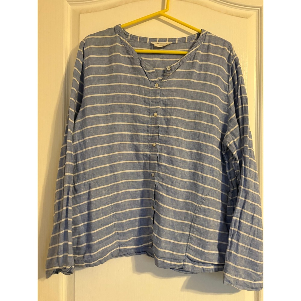 C&C California Womens 100% Linen Striped Button Down Long Sleeve Top Blue White